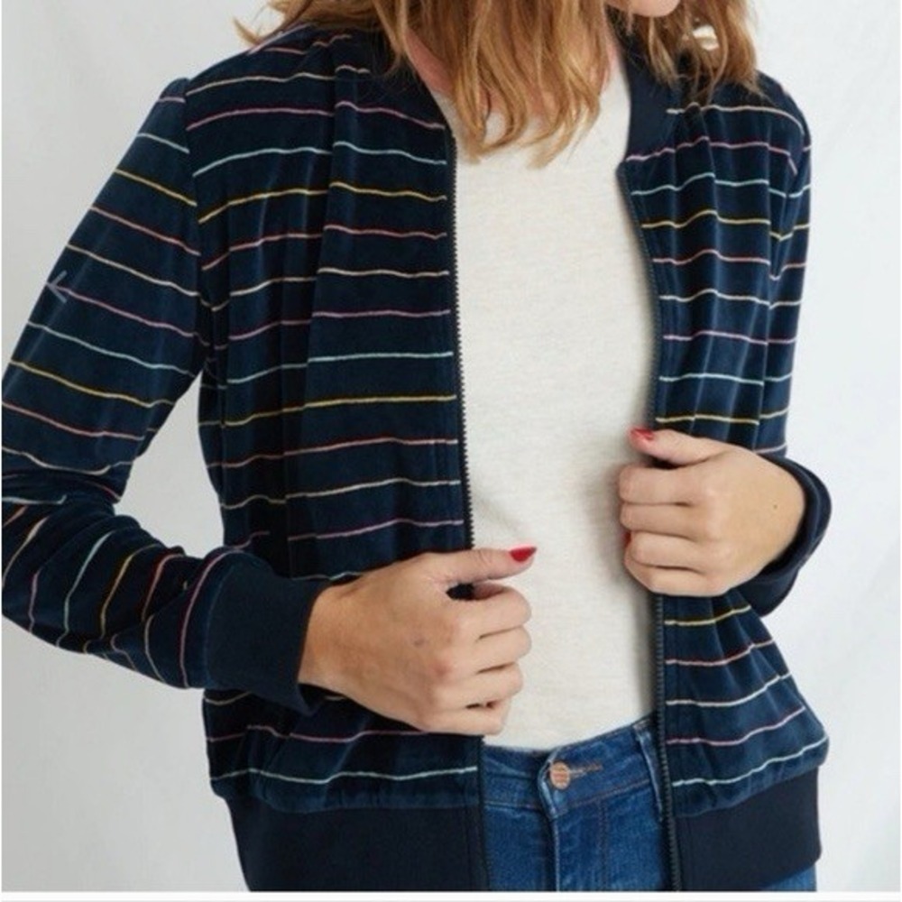 Marine Layer Auckland Velour Bomber Jacket Women's Blade Collar Navy Striped S